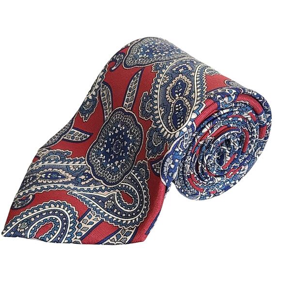 Christian Dior Red Blue Paisley Design Neck Tie 100% Silk Made in USA - Picture 1 of 3